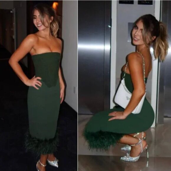 House of CB‎ Fionula Emerald Green Strapless Corset Midi Dress feather NWOT sz L - Picture 5 of 11